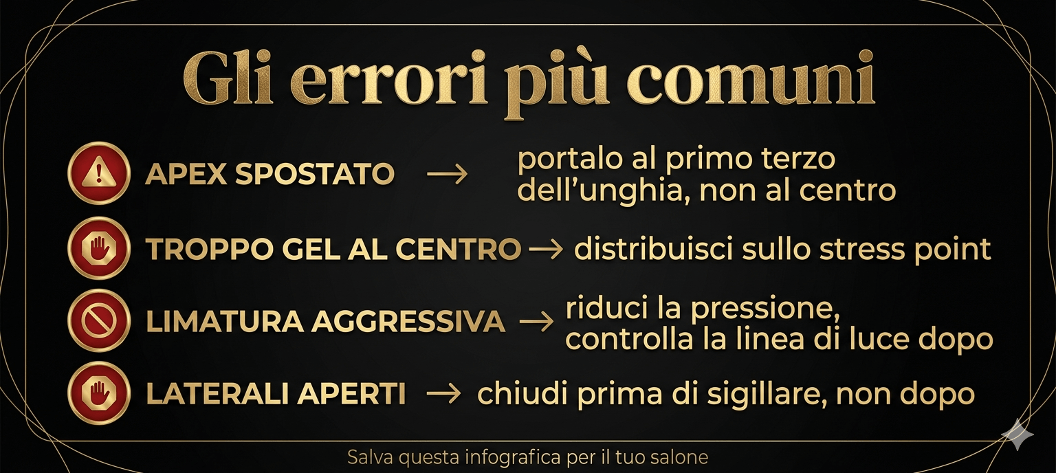 infografica errori più comuni nella ricostruzione unghie: apex sbagliato, troppo prodotto al centro, limatura aggressiva, laterali aperti, con soluzioni tecniche